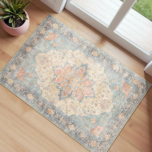 RELEANY Area Rugs Small 2'x4' Washable Non-Slip, Floral Vintage Distress Medallion Carpet for Kitchen Entryway Bathroom, Blue Orange Red