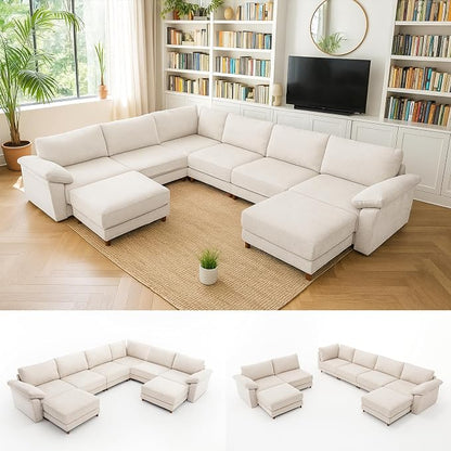 Oversized Modular Cloud Couch with Removable Washable Cover, U-Shaped Sectional for Large Living Room, Plush Chenille & Deep Seat Beige