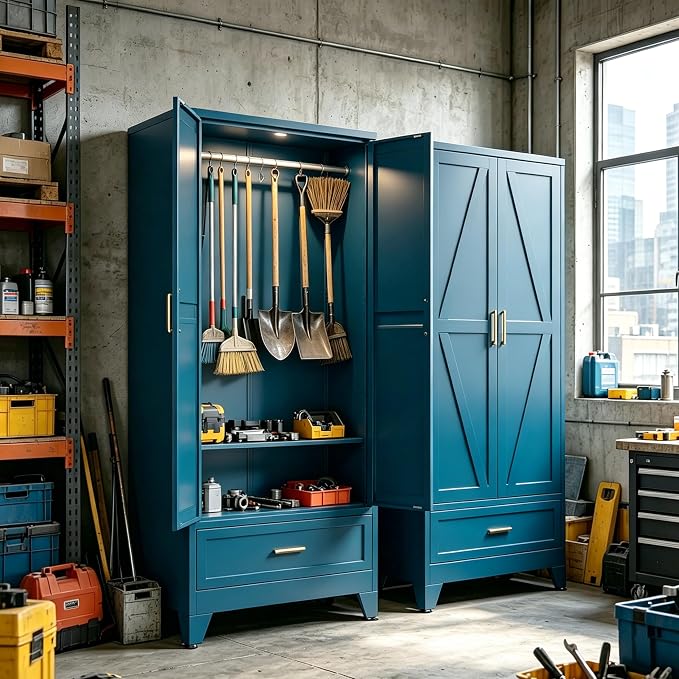 71" H Blue Closet,Armoire Wardrobe Closet,Metal Wardrobe Closet with Doors and Shelves,Large Wardrobe Closet for Bedroom