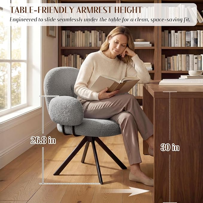 Cute Desk Chair No Wheels, 360° Swivel Accent Chairs with Arms, Modern Upholstered Dining Room Chairs with Tufted Cushion, Accent Chairs for Home Office/Bedroom/Kitchen, Teddy Sherpa, Grey