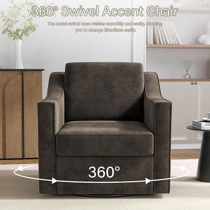 Swivel Accent Chair, 360° Swivel Upholstered Club Armchairs for Living Room, Comfy Single Sofa Reading Chair with Deep Seat, Metal Swivel Base, Chenille Fabric, Light Coffee