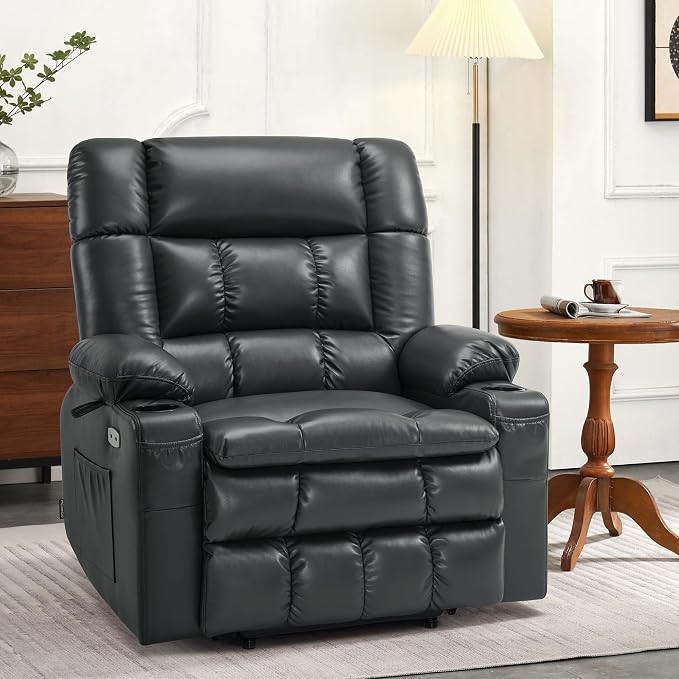 MCombo Extra Wide Dual Motor Power Lift Recliner Chair for Elderly, Zero Gravity Lift Chair with Heat and Massage, Infinite Position Recliners, USB Ports, Faux Leather R7897 (Black, Medium-Wide)
