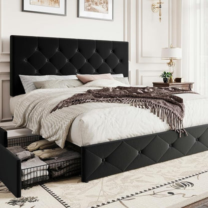 SHA CERLIN Queen Platform Bed Frame with 4 Oversized Storage Drawers, Adjustable Headboard with Velvet Upholstery, Diamond Button Tufted Design, Wooden Slat Support, No Box Spring Needed, Black