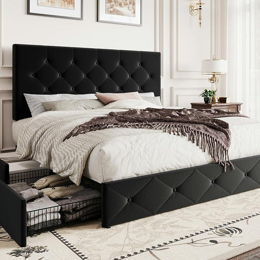 SHA CERLIN Full Size Platform Bed Frame with 4 Oversized Storage Drawers, Adjustable Headboard with Velvet Upholstery, Diamond Button Tufted Design, Wooden Slat Support, No Box Spring Needed, Black