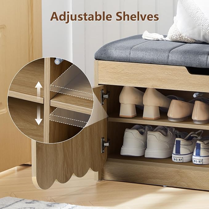 ORRD Shoe Storage Bench with Cushion, Entryway Shoe Cabinet Bench with 2 Scalloped Doors & Adjustable Shelf, 2-Tier Shoe Rack Organizer Cabine for Entryway, Hallway, Living Room (Natural)