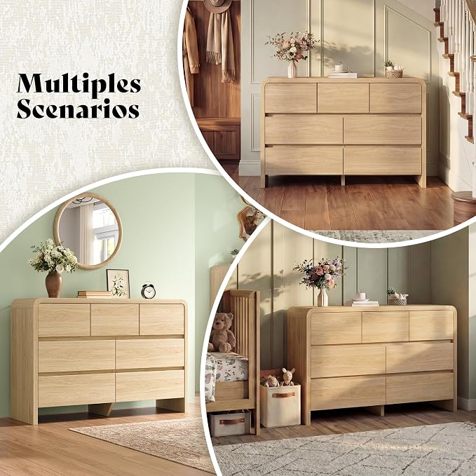 AMERLIFE 7 Drawer Dresser for Bedroom, 49" Wide Modern Chest of Storage Drawers with Rounded Corners, Anti-Tip Kit, Wood Cabinet Organizer for Closet, Living Room, Nursery, Easy Assembly, Light Oak