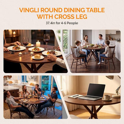 VINGLI 37.5" Round Dining Table for 4, Wood Kitchen Table, Walnut | Cross Metal Leg, Adjustable Feet, Wood Tabletop, Mid-Century Modern Style, for Living Room, Dining Room, Kitchen, Small Place