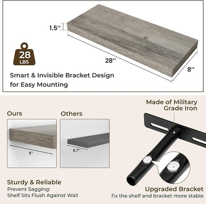 RICHFOCUS 28Inch Floating Shelves for Wall 2 Pack Shelves for Bedroom|Kitchen|Bathroom|Laundry Room Rustic Wood Wall Mounted Shelf with Invisible Brackets for Books|Storage|Decor, Grey