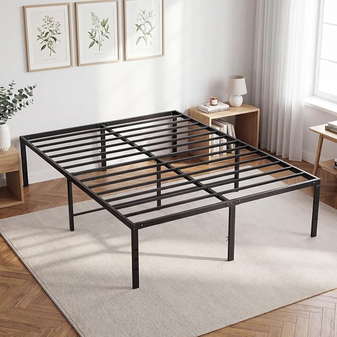 DUMOS Queen Size 16 Inch Bed Frame - Metal Platform Bed Frame Mattress Foundation with Steel Slat Support, No Box Spring Needed, Storage Space Under Base, Easy Assembly, Black