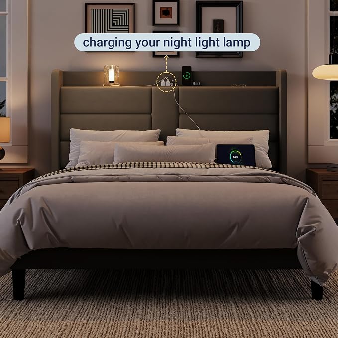 Allewie Full Size Platform Bed Frame with Charging Station & Storage Headboard, Upholstered Velvet Wingback Design & USB Port, Strong Wooden Slats Support, No Box Spring Needed, Easy Assembly, Grey