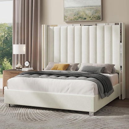 Jocisland Queen Size Bed Frame with 58" Tall Headboard, Platform Velvet Upholstered Bed with Channel Tufted Wingback Headboard and Plating Trim, No Box Spring Needed, White Cream