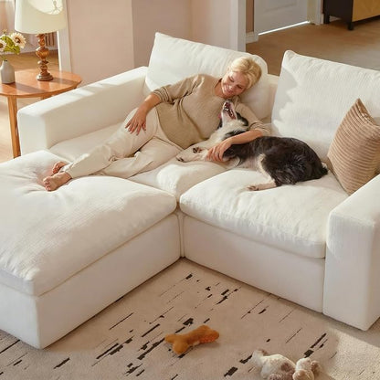 Modular Cloud Sofa, 113.8" Cloud Sectional Couches with Deep Seat, 3-Seat Couch for Living Room, Modern Comfy Couch with Washable Cover, Wide Armrest (White)