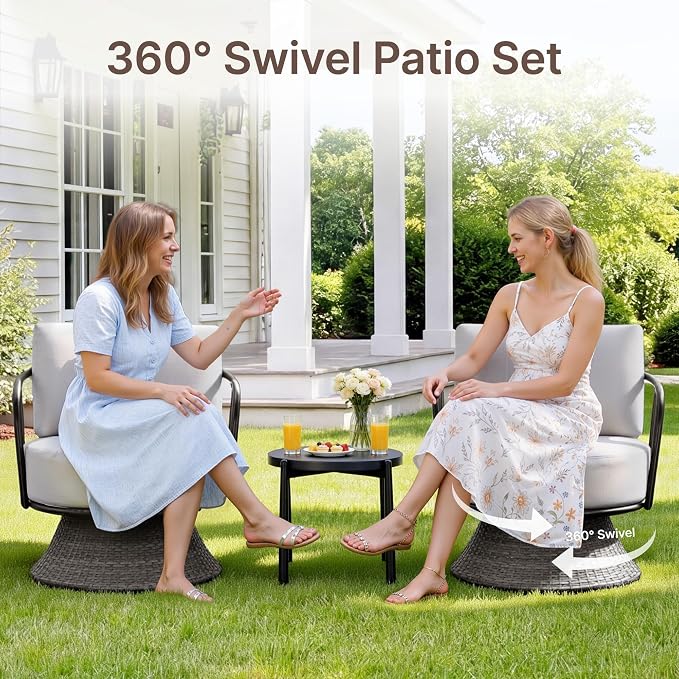 KISLOT 3 PCS Patio Furniture Set,Outdoor Swivel Chairs Set of 2 w/Side Table,Wicker Patio Bistro Set with Overstuffed Washable Cushions or Porch, Balcony, Deck, Dark Gray Rattan and light Gray Cushion