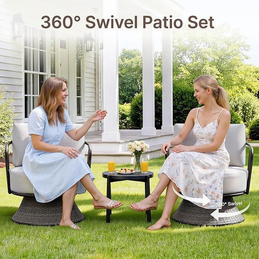 KISLOT 3 PCS Patio Furniture Set,Outdoor Swivel Chairs Set of 2 w/Side Table,Wicker Patio Bistro Set with Overstuffed Washable Cushions or Porch, Balcony, Deck, Dark Gray Rattan and light Gray Cushion