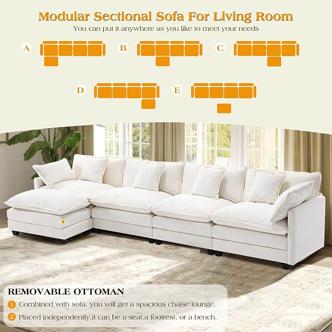 149.2" Modular Sectional Sofa,L Shaped Couch for Living Room,Modern Deep Seat Sofa 4 Seater Chenille Fabric Comfy Cloud Couches with Throw Pillows & Movable Ottoman