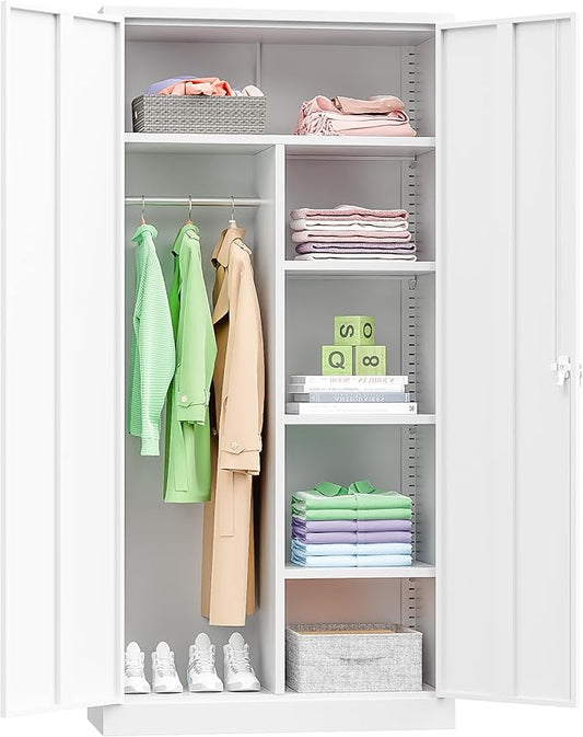 INTERGREAT Metal Wardrobe Closet, 72" Locking Storage Wardrobe Cabinet with Doors and Shelves, 18" D x 36" W Steel Clothes Storage Cabinets for Office, Home, School, Gym（White）