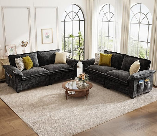 KKL 89 Inch Modular Sectional Sofa, 2 Sets of Loveseat Cloud Couches with Deep Seat, Chenille Sectional Couches for Living Room, Apartment, Black