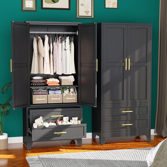 erosoei Metal Armoire Wardrobe Closet, 71 "Metal Clothing Storage Cabinet | with Adjustable Shelves and Hanging Rod, Household Steel Wardrobe Storage Cabinet with Drawers (Armoire-Black)
