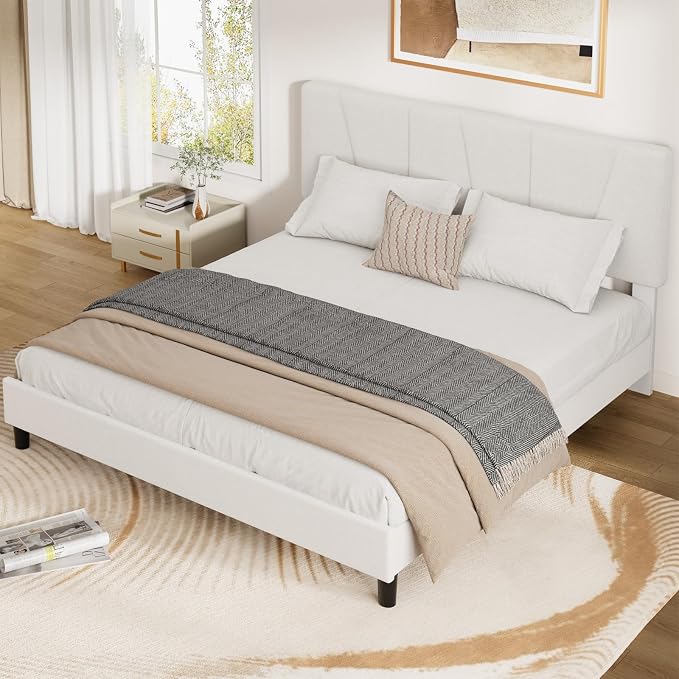 GarveeHome Queen Size Bed Frame with Upholstered Headboard, Modern Fabric Platform Bed Frame with Wooden Slat Support, Adjustable Headboard, No Box Spring Needed, Noise-Free, for Bedroom