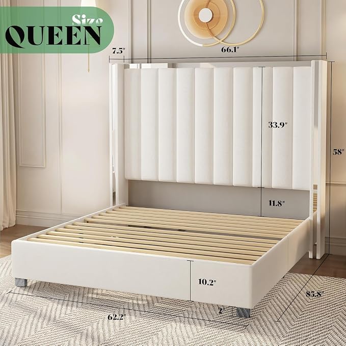 AMERLIFE 4 Piece Bedroom Furniture Set, Upholstered Queen Size Bed Frame with 53" Headboard & Wingback, 54" 6-Drawer Dresser & Nightstand Set of 2, High Gloss, Modern, White