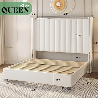 AMERLIFE 4 Piece Bedroom Furniture Set, Upholstered Queen Size Bed Frame with 53" Headboard & Wingback, 54" 6-Drawer Dresser & Nightstand Set of 2, High Gloss, Modern, White