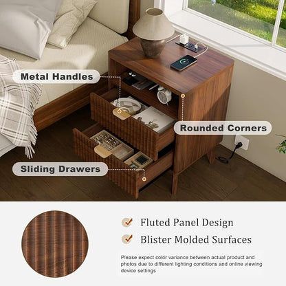 LYNCOHOME Fluted Nightstand with Charging Station, 19.7 inch Wide End Table with 2 Drawers, Modern Wood Bedside Table for Bedroom,Brown,1 Pcs