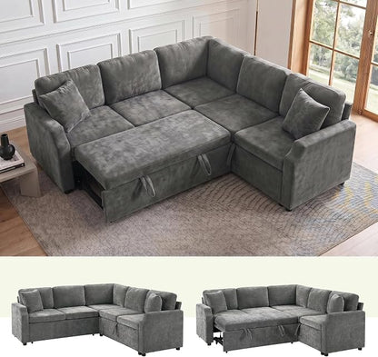 ROCANT 82 inch Modular Sectional Couch with Pull Out Bed, 5-Seat L-Shaped Chenille Sleeper Sofa with Reversible Chaise and 2 Pillows, Grey