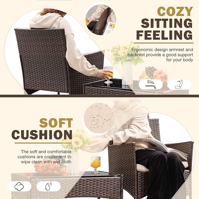 Brown & Beige 4-Piece PE Wicker Patio Furniture Set, Indoor Outdoor All Weather Rattan Conversation Chairs for Porch, Garden, Poolside & Balcony