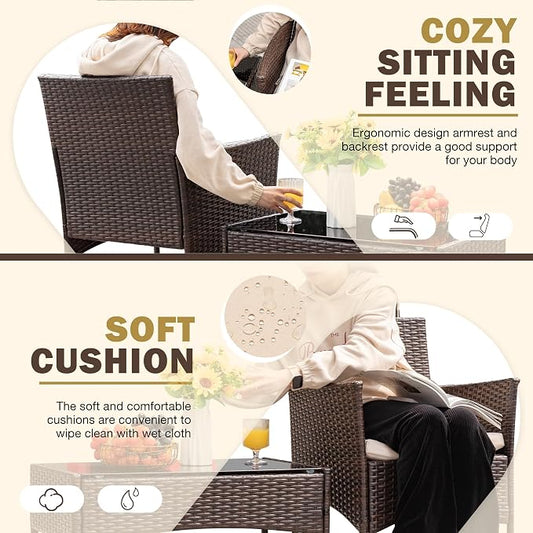 Brown & Beige 4-Piece PE Wicker Patio Furniture Set, Indoor Outdoor All Weather Rattan Conversation Chairs for Porch, Garden, Poolside & Balcony