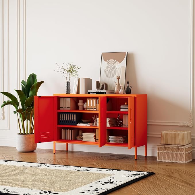 Orange Metal Storage Cabinet 3 Door Wide Metal Storage Cabinet 2 Layer Adjustable Shelves 32 "H Wide Steel Lockable Storage Cabinet Multipurpose Metal Accent Cabinet for Office/Home/Dining