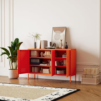 Orange Metal Storage Cabinet 3 Door Wide Metal Storage Cabinet 2 Layer Adjustable Shelves 32 "H Wide Steel Lockable Storage Cabinet Multipurpose Metal Accent Cabinet for Office/Home/Dining