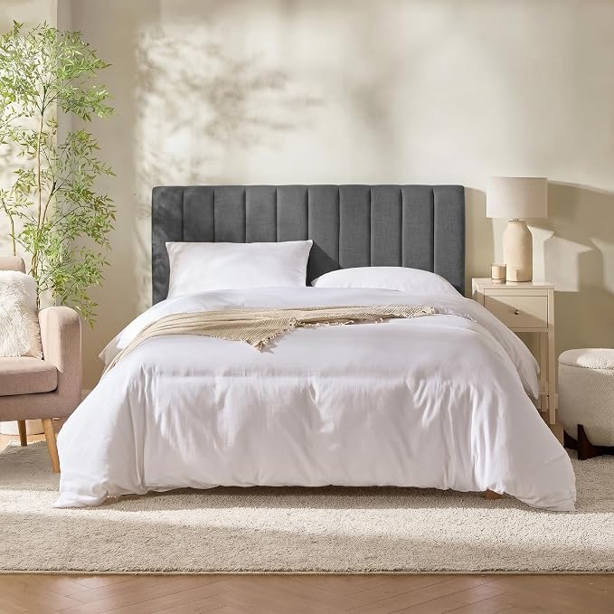 Hearth & Harbor Wall Mounted King Headboard Only, Bed Headboard King Size | Easy Assemble, Floating Peel and Stick, Upholstered, Channel Stitched, 3D Wall Panels, 5 Strips of 3M Tape Included, Grey
