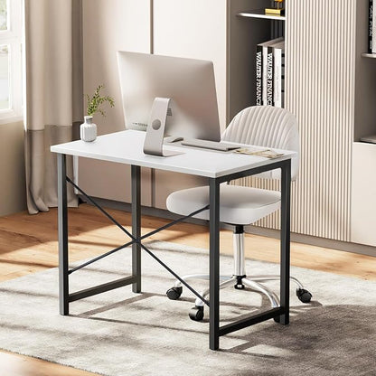 Sweetcrispy 32 Inch Small Computer Desk, Home Office Desk, Small Study Workstation for Bedroom, Study Table with X-Shaped, Modern Simple Gaming Table, Modern White