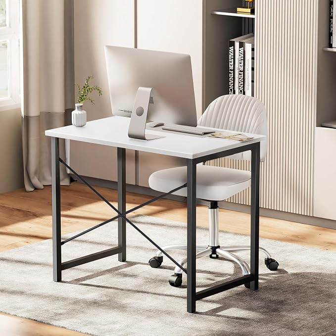 Sweetcrispy Computer Office Desk 55 Inch Student Study Writing Work with Metal Frame Wood Tabletop Modern Simple PC Home Bedroom Table, Compact Sturdy Desk for Laptop, Study, Gaming, White