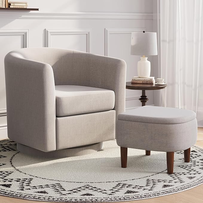 Swivel Accent Chair with Storage Ottoman, Small Modern Linen Barrel Chair, Upholstered Armchair with Footrest for Living Room/Reading/Bedroom, 24.8'' D x 25.38'' W x 25.6'' H, White