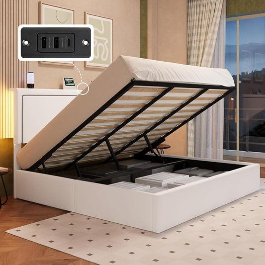 Allewie King Size Lift Up Storage Bed Frame with Charging Station & LED Lights, Adjustable Velvet Upholstered Storage Headboard, Type-C & USB Ports, Hydraulic Support, No Box Spring Needed, White