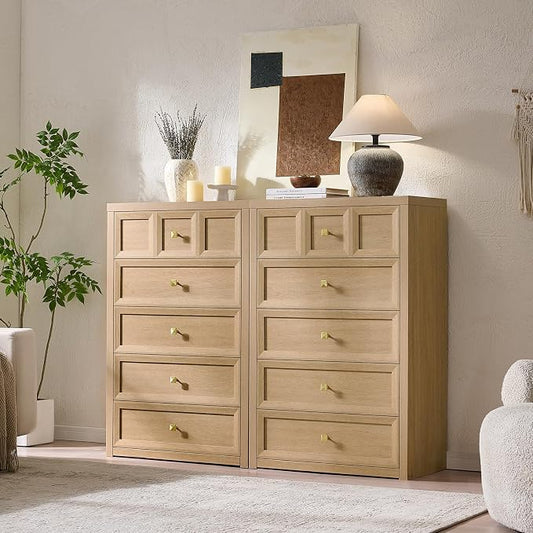 5 Drawers Dresser for Bedroom, 45.7" Tall Large Dresser & Chests of Drawers with Metal Handle, Clothes Storage Organizer w/Natural Texture for Bedroom, Living Room,Natural
