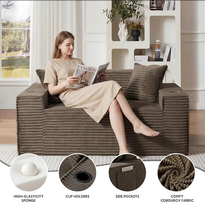 Boneless Sectional Sofa Couch with Cup Holders & Side Pockets, Modern Corduroy Fabric Deep Seat Loveseat Cloud Couch for Living Room Office, No Assembly (Brown)