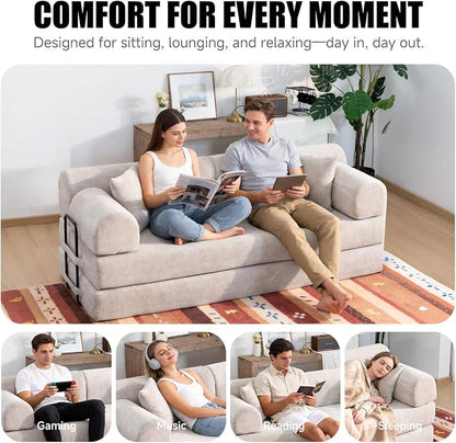 78.8" Memory Foam Boneless Couch, Corduroy Floor Sofa Bed, Convertible Sleeper Futon Loveseat, Wide Armrests & Back Support, Supports Up to 1200 lbs, Couch in a Box with 2 Pillows, Light Camel