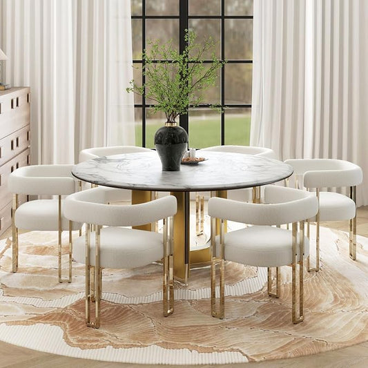 Hyfirm Set of 6 Modern White Boucle Dining Chairs with Gold Metal Legs, Mid Century Accent Upholstered Barrel Armchairs with Open-Back for Kitchen, Dining Room, Living Room, Apartment