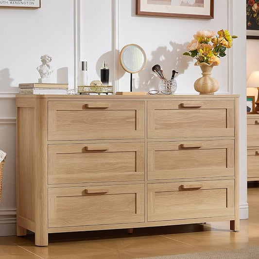 Joaxswe Farmhouse 6 Drawer Dresser for Bedroom, Horizontal Dressers with 6 Deep Drawers & 4 Thickened Table Legs, Natural