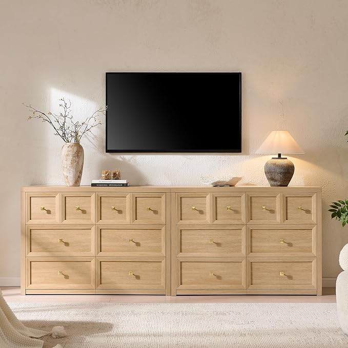 6 Drawers Dresser for Bedroom-46.5" Wide Wooden Chest of Drawers with Large Storage, Long Dresser TV Stand with Drawers, Farmhouse Closet Dressers for Living Room Bedroom, Natural