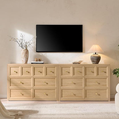 6 Drawers Dresser for Bedroom-46.5" Wide Wooden Chest of Drawers with Large Storage, Long Dresser TV Stand with Drawers, Farmhouse Closet Dressers for Living Room Bedroom, Natural