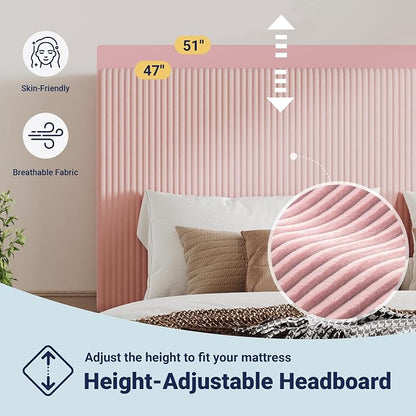 Allewie Full Size Upholstered Bed Frame with Vertical Channel Tufted Headboard, Soft Corduroy Fabric Platform Bed, Strong Wooden Slats Support, Easy Assembly, No Box Spring Needed, Light Pink