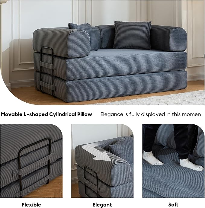 ZEIINPA 59“ Convertible Floor Sofa Bed, 5-in-1 Futon Sofa Bed Pull Out Sleeper Couch, Modern Corduroy Compressed Loveseat, Modular Boneless Couches for Living Room, No Assembly Required, Gray
