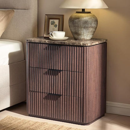 Fluted Nightstand with Faux Marble Top, Modern Bedside Table | FSC-Certified Engineered Wood, 25" H, 3 Drawers, Rounded Corner, Metal Handle, for Bedroom, Dark Oak