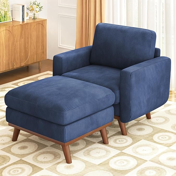 Vesgantti 38.5" Accent Chair with Movable Ottoman, Comfy Corduroy Armchair with Spring Cushion, Reading Chair with Ottoman, Modern Single Sofa for Living Room, Bedroom and Apartment, Dark Blue