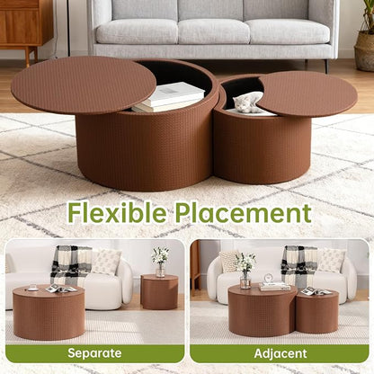 Round Nesting Coffee Table Set of 2 Modern Round Walnut Coffee Table Small Circular End Table Side Table Coffee Tables Circle Nested Coffee Tables for Living Room (Brown A Large)