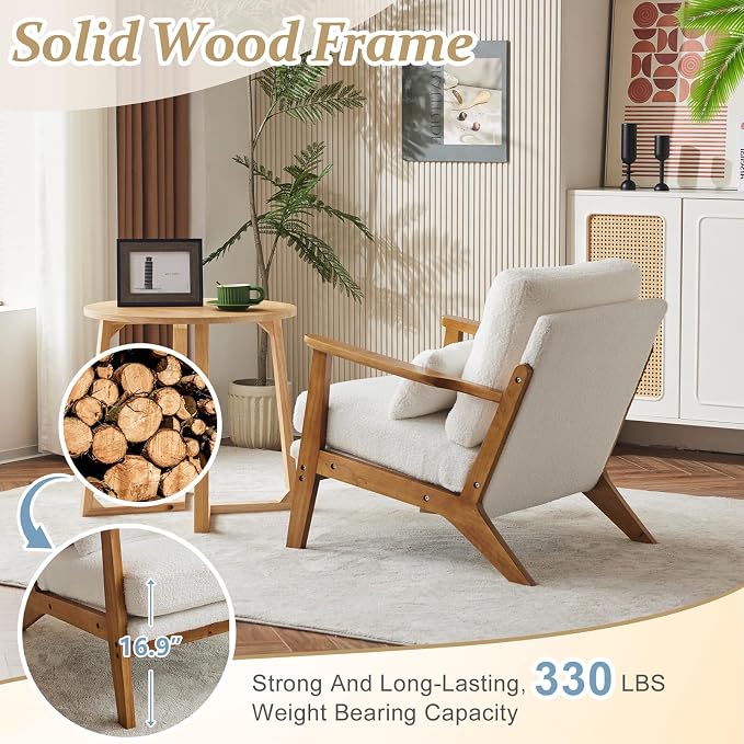 VINGLI Solid Wood Wide Armrests Accent Chair Set of 2,Upholstered Mid Century Modern Chair with Pillow,Farmhouse Arm Chair Comfy Reading Chair,Chairs Living Room,Bedroom,Guest Room,Teddy Fleece,White
