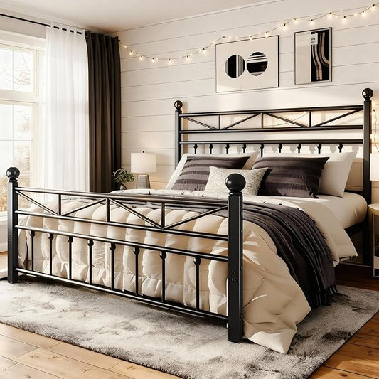 EnHomee 14.2" Queen Size Metal Platform Bed Frame, Tall Headboard and LED Lights, Victorian Vintage Style，Under Bed Storage, Heavy Duty Metal Slats & Noise Free, Black